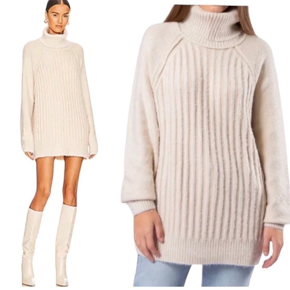 Free People Big City Turtleneck Tunic Sweater Cream Ribbed Long Size M OB1505571 - Picture 1 of 12